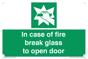 In case of fire break glass to open door